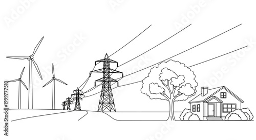 Black and white outline illustration of sustainable energy power transmission to residential house.