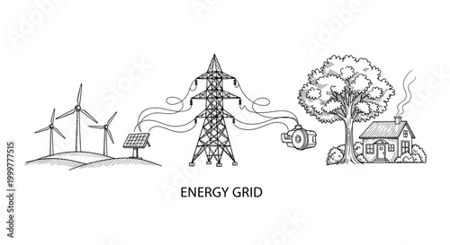 Hand drawn illustration of a modern energy grid system.