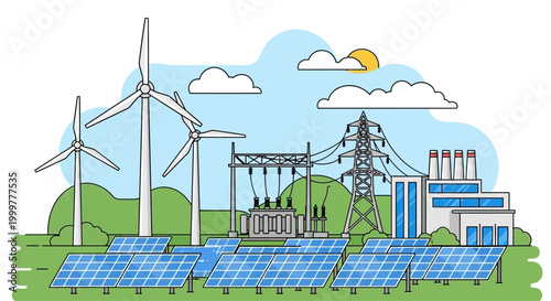 Renewable energy power plant with wind turbines and solar panels.
