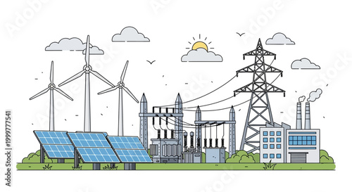 Illustration of power generation facility with renewable energy sources and electrical infrastructure.