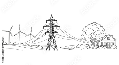 Line drawing illustration showing wind turbines connecting to a power pylon supplying electricity to a house.