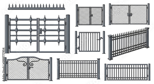Collection of Various Metal Fences and Gates for Security and Decoration.