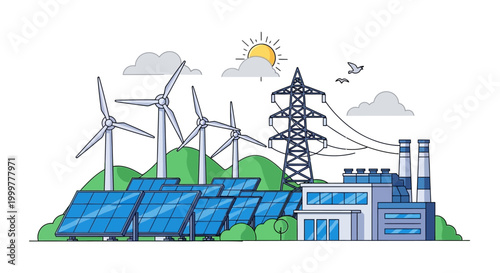 Renewable energy power station with wind turbines and solar panels.