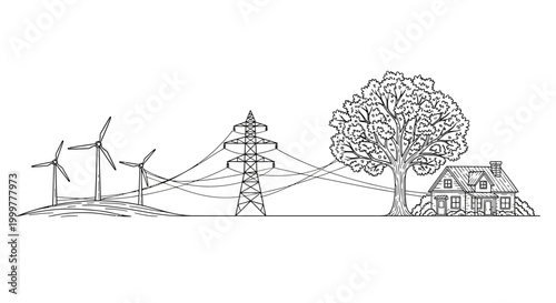 Line art illustration of renewable energy power generation and transmission.