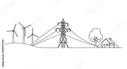 Continuous one line drawing of wind turbines and electricity transmission tower.