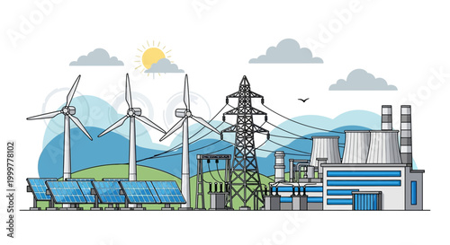 Industrial power plant complex with renewable and traditional energy sources.