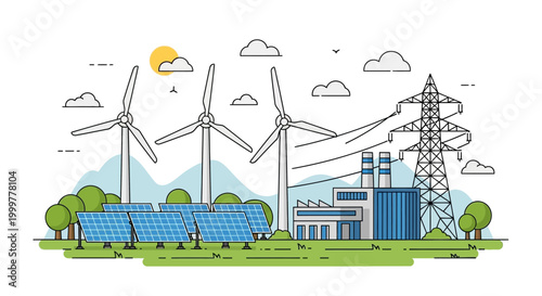 Sustainable green energy power plant with wind turbines and solar panels.
