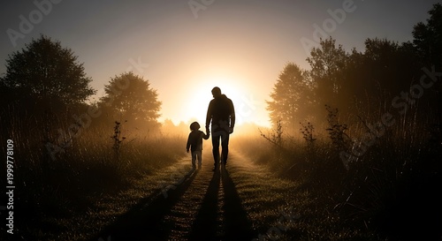 Adult and child walk hand in hand along a misty dirt path towards a bright sunrise