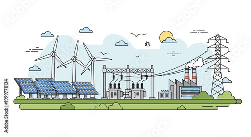 Illustration of sustainable and traditional energy power plants.