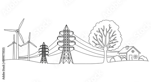 Continuous Line Drawing of Wind Energy and Electricity Power Grid Transmission.