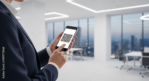 Scanning QR Code in Modern Office for Access and Information.