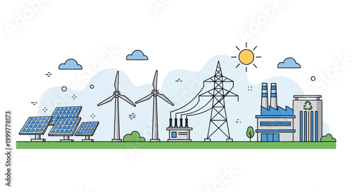 Illustration of sustainable energy power plants and renewable electricity infrastructure.
