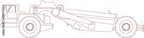 Εκτύπωση καμβά Technical vector outline of a heavy wheel tractor scraper, featuring a side elevation design for industrial earthmoving