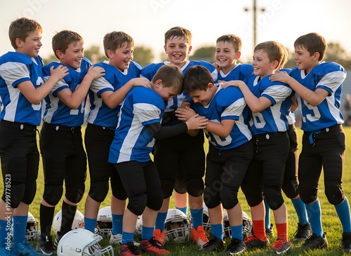 Young boys in blue and white football uniforms celebrating and hugging on a field