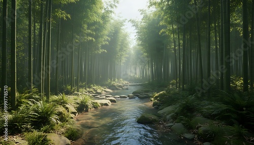 A tranquil bamboo forest with a winding stream, illuminated by soft sunlight filtering through the towering green stalks, evoking a peaceful and enchanting natural landscape