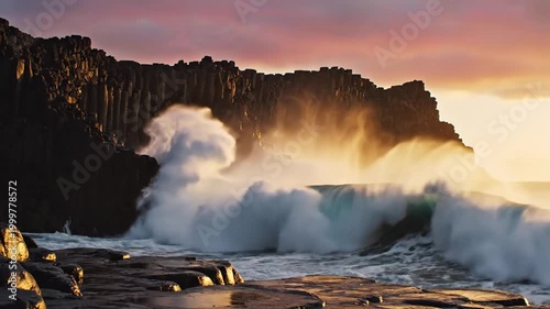 Dramatic ocean waves and waterfalls on a rugged basalt coastline