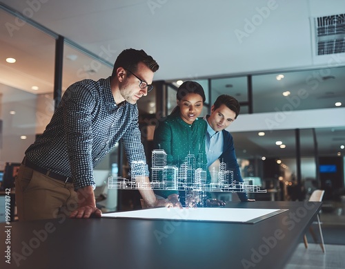 Diverse Team Utilizing Advanced Holographic Technology for Innovative Urban Planning and Future Architectural Design in a Modern Office Environment