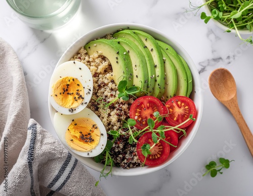 Vibrant and Wholesome Quinoa Bowl with Sliced Avocado, Perfectly Boiled Eggs, and Fresh Tomatoes – A Delicious and Nutritious Meal for a Healthy Lifestyle and Balanced Eating