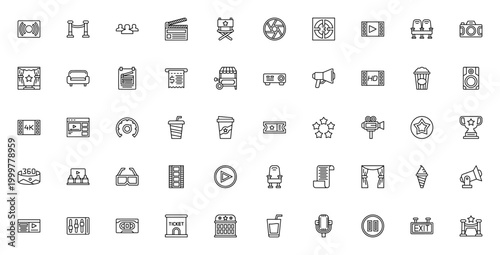 Theater icon set. Vector illustration pack featuring camera, clapperboard, popcorn, ticket, audience, director chair, projector, film strip, curtain, spotlight and more. Editable stroke.