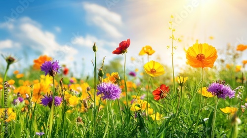 Colorful wildflowers bloom in a sunny meadow under a vibrant blue sky