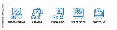 Creator Economy web icon illustration concept with icon of photo editing, creator, video blog, nft creator, and portfolio