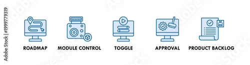 Feature Management web icon illustration concept with icon of roadmap, module control, toggle, approval, and product backlog