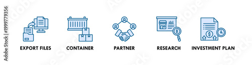 Cross Border Business web icon illustration concept with icon of export files, container, partner, research, and investment plan