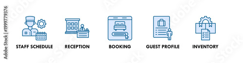 Hotel Management web icon illustration concept with icon of staff schedule, reception, booking, guest profile, and inventory