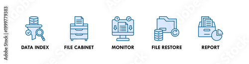 Archive System web icon illustration concept with icon of data index, file cabinet, monitor, file restore, and report