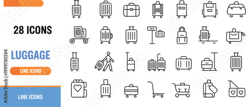 Set of twenty-eight luggage line icons, suitcases, backpacks, duffel bags, rolling trolleys, shopping carts, and travel symbols