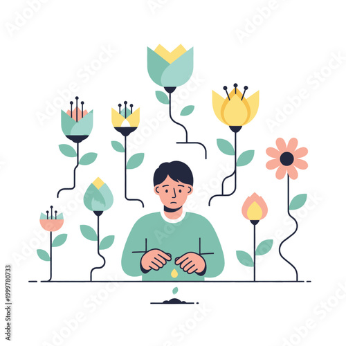 Sad person surrounded by blooming flowers, symbolizing growth and emotional struggle.