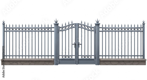 Elegant Metal Fence Gate with Decorative Spikes and Curves.