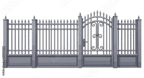 Elegant Metal Fence with Decorative Gate and Spikes.