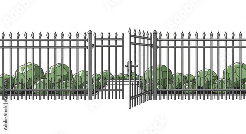Black Metal Fence with Green Bushes Behind.