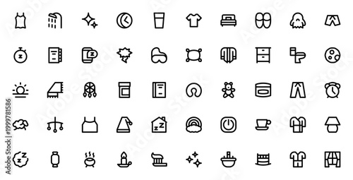 Time to Sleep icon set. Vector illustration of bedtime routine items including pyjamas, bed, pillow, alarm, toothbrush, teddy bear, and more. Editable stroke.