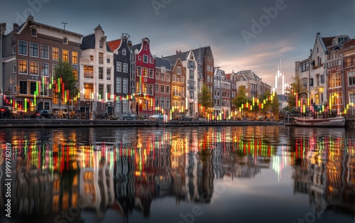 Reflective Flag in Calm Water of Historic Canal at Dusk in Amsterdam