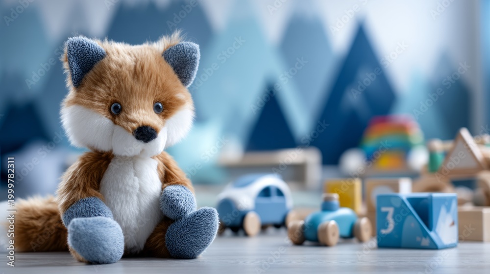 Fototapeta premium Adorable plush toy fox on play mat in cheerful children's room setting