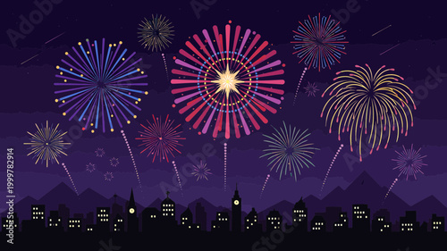 Vibrant Fireworks Display Over Cityscape 4th of July fireworks