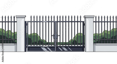 Elegant Black Iron Fence with White Pillars and Green Trees.