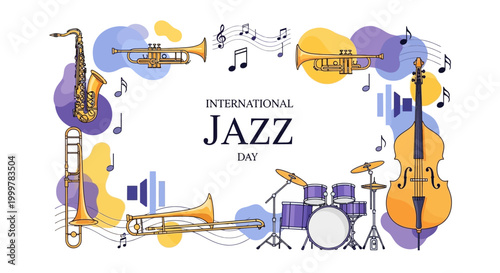 Illustrated vector design celebrating International Jazz Day, showcasing a vibrant array of musical instruments like saxophone, trumpet, drums, and double bass, arranged in a festive frame
