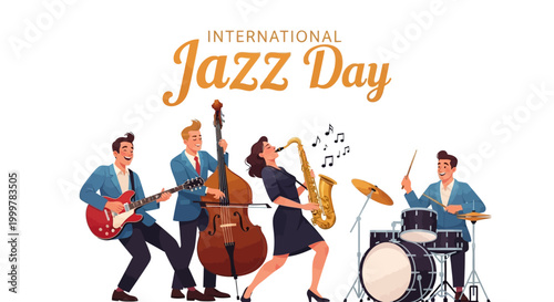 Cuadro en lienzo A vibrant vector illustration celebrates International Jazz Day with a band feat