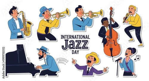 A vibrant vector illustration showcases International Jazz Day, featuring musicians playing saxophone, trumpet, piano, and double bass, set against a white background with a retro jazz