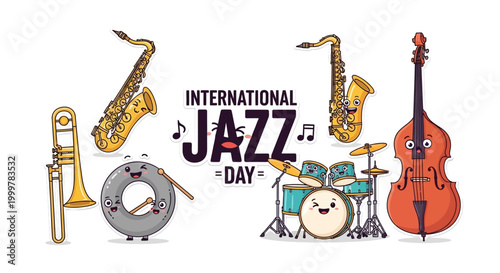 A playful vector illustration celebrating International Jazz Day featuring cartoon jazz instruments like a saxophone, trumpet, drums, and double bass against a clean white background