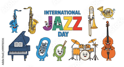 A vibrant vector illustration celebrating International Jazz Day features cartoon musical instruments like a saxophone, trumpet, piano, and double bass against a white background