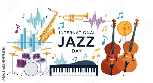 A vibrant vector illustration for International Jazz Day featuring a saxophone, trumpet, piano, drums, and double bass against an abstract background with music notes
