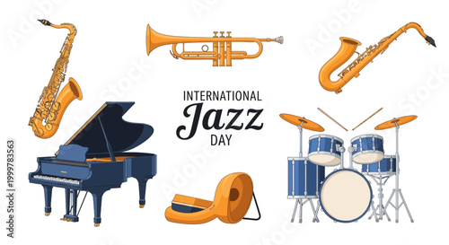 Canvas Print Illustrated vector design featuring various jazz instruments such as saxophones,