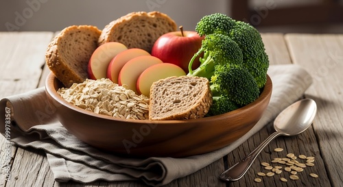 A vibrant and wholesome spread of healthy breakfast ingredients featuring oats, fresh apples, crisp broccoli, and whole grain bread, promoting a balanced diet