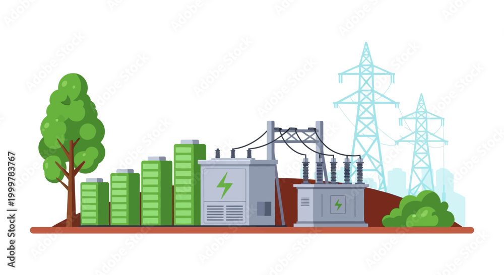 Obraz premium Battery energy storage system station with power transformer and electric grid transmission towers.