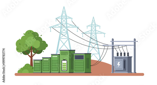 Industrial power grid energy battery storage system with electric transformer.