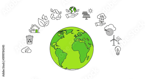 Green earth globe surrounded by ecological and sustainable development icons.